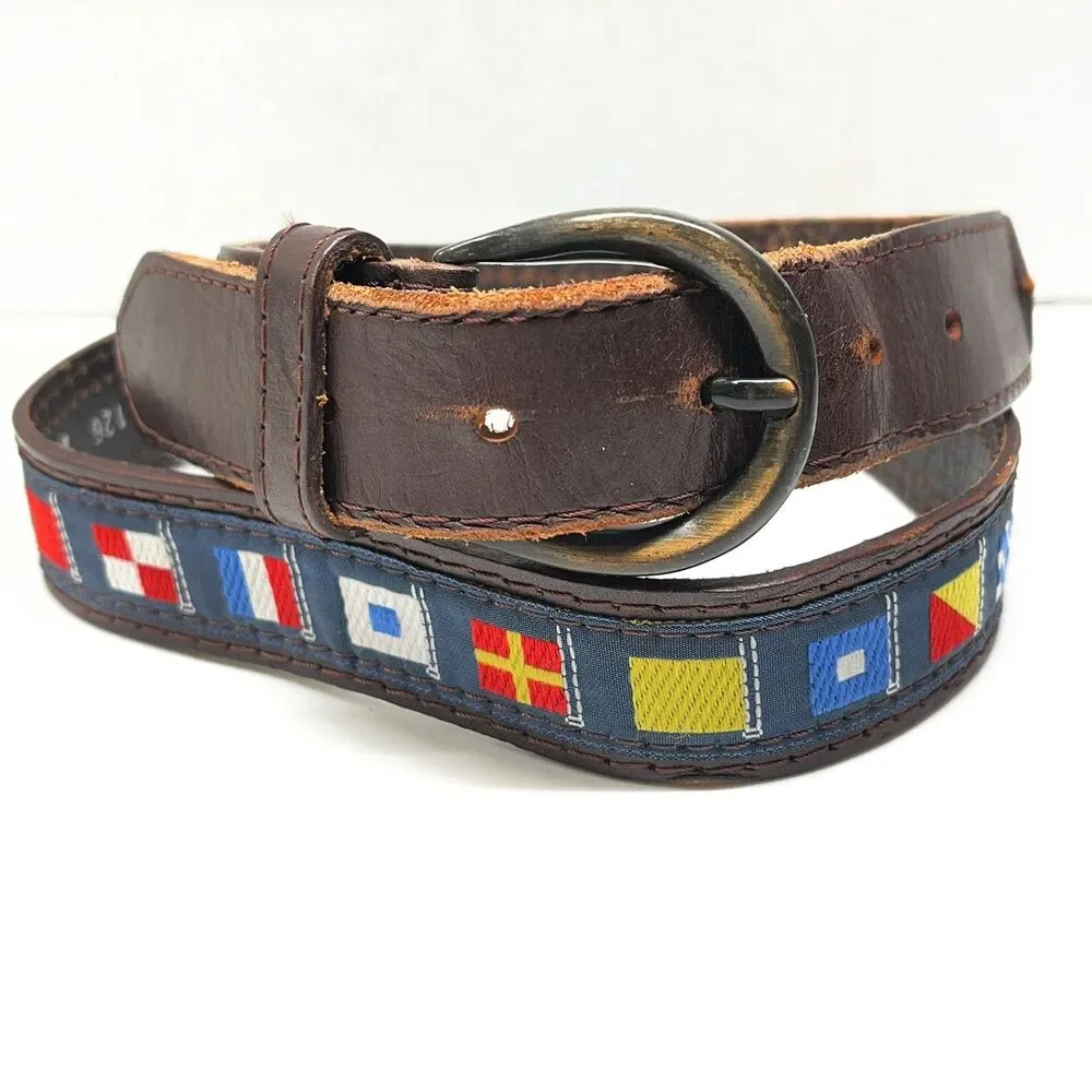 Vtg Pierre Carlini Mens Nautical Flag Blue Ribbon Brown Leather Belt Size 38 M